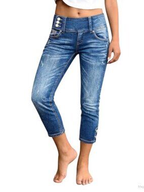 Women's Skinny Crop Mid-Rise Jeans with Button Detail, Cotton Blend Stretch